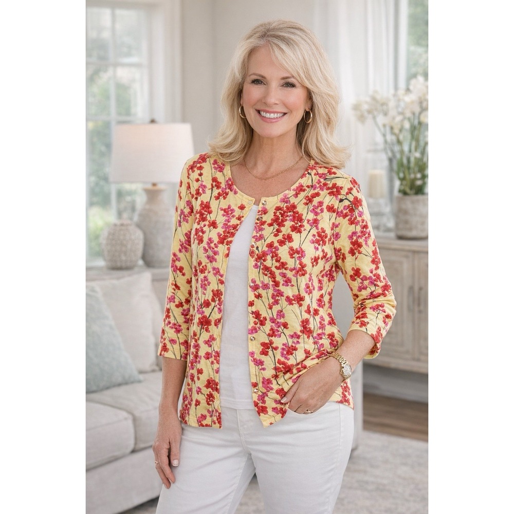Quacker Factory HELLO SPRING Jeweled Snap Floral Yellow Pink Red Cardigan Top L